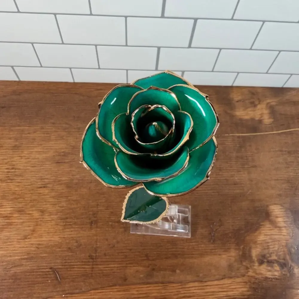 DeFaith 24k Gold Dipped Lacquered Green Rose with Acrylic Stand
